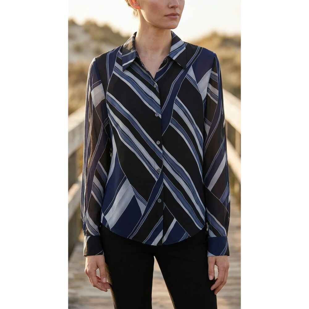 Spenser Jeremy Navy, black, and grey diagonal stripe 100% Silk Blouse | Sz 6